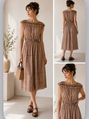 Vintage 70s Sue Brett Neutral Stripe Midi Dress Bateau Neck Cap Sleeve 7/8 Small